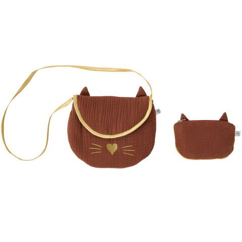 Sac bandoulière + porte-monnaie Chat - gaze de coton Toffee