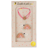 Coffret cadeau - Bracelet fuchsia & Barrettes arcs-en-ciel roses